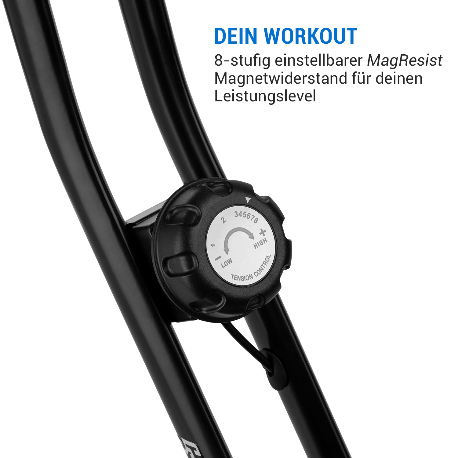 Nahaufnahme des Widerstandsknopfs eines schwarzen Trainingsfahrrads. Zahlen und Spannung.