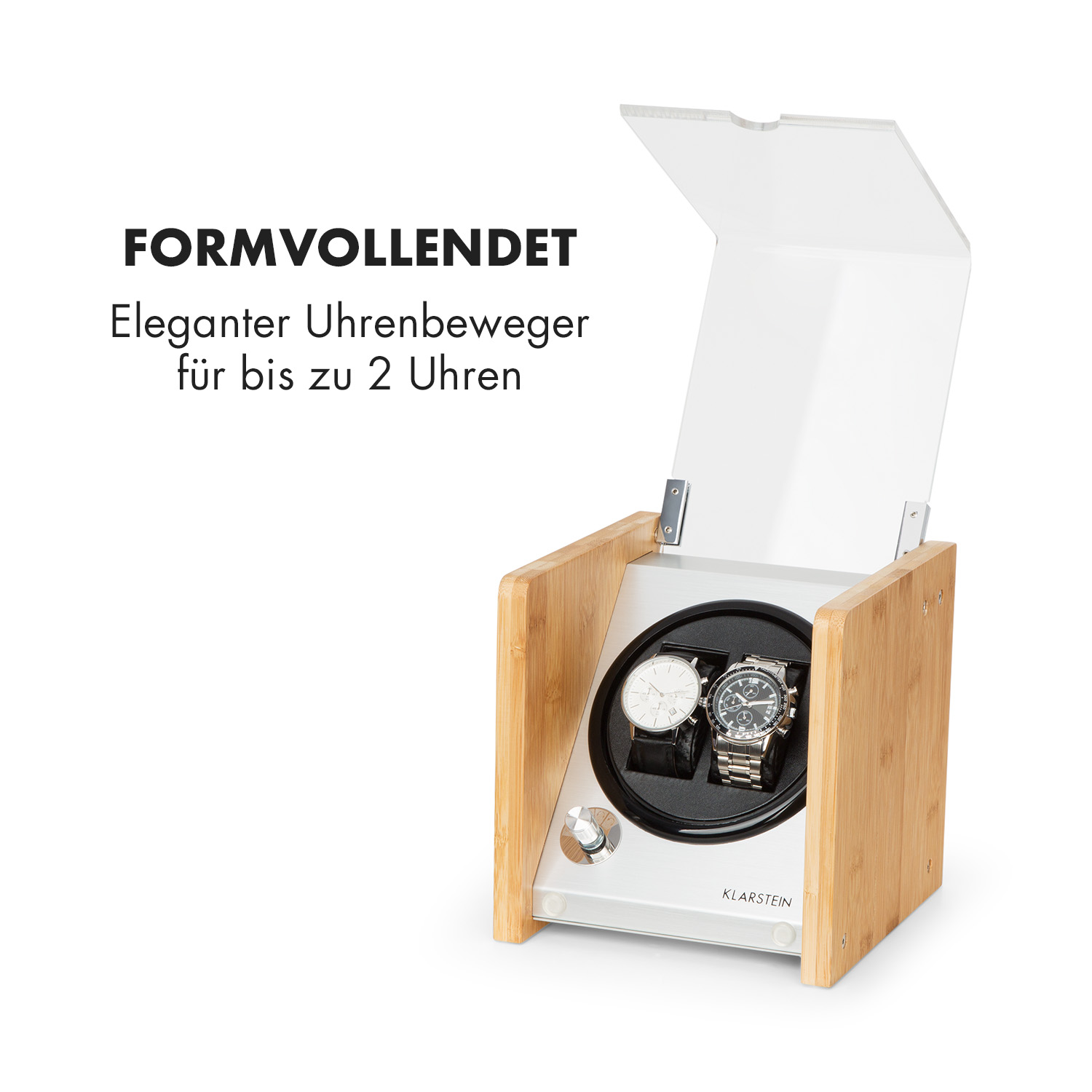Uhrenbeweger aus Holz mit zwei Uhren, mit durchsichtigem Deckel. Text: Eleganter Uhrenbeweger.