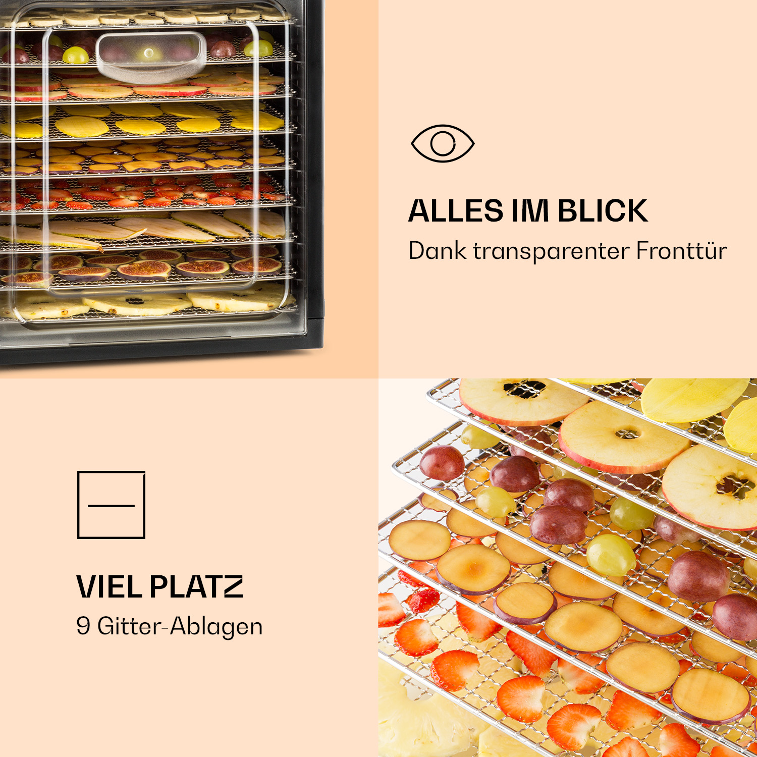 Ein Lebensmittel-Dehydrator mit Tabletts mit geschnittenen Früchten. Die rechte Seite zeigt die Früchte aus der Nähe, bereit zum Trocknen.