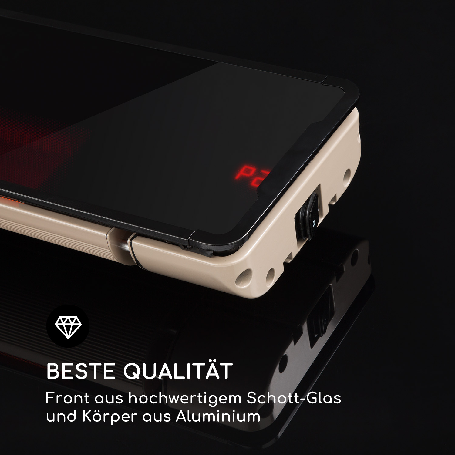 Nahaufnahme eines schwarzen Heizgeräts mit Gitterfront.