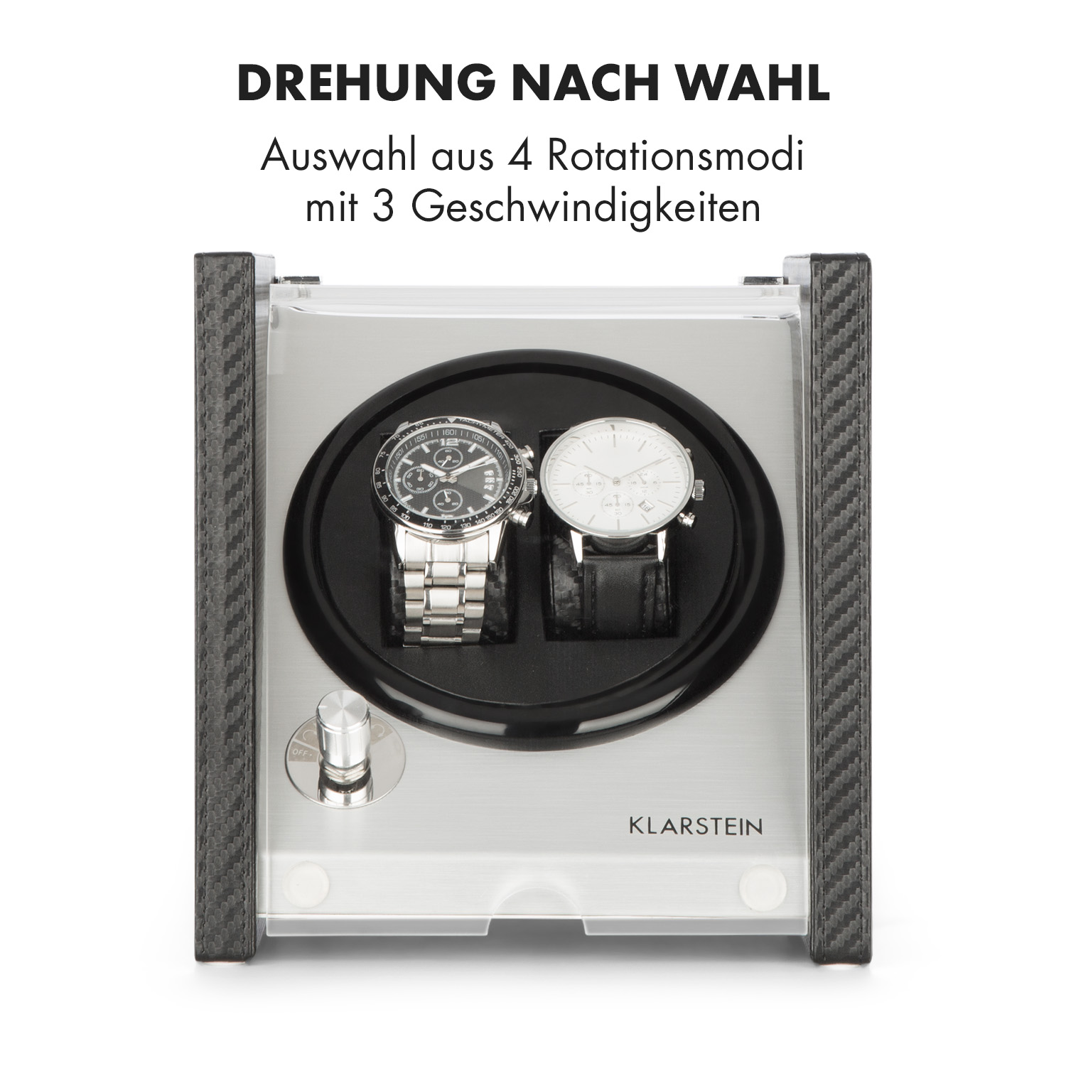 Uhrenbeweger mit zwei Uhren, Marke Klarstein und Carbonfaser-Design.