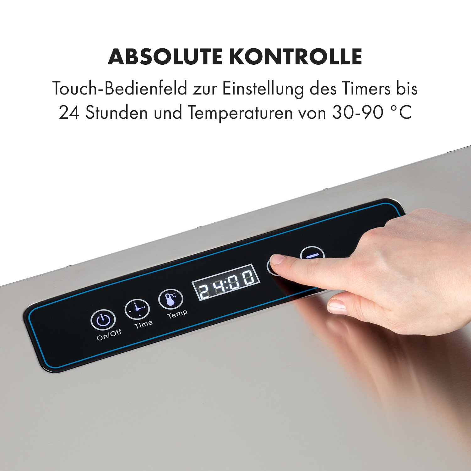 Eine Hand berührt einen Timer auf einem Bedienfeld. Das Display zeigt 24:00.