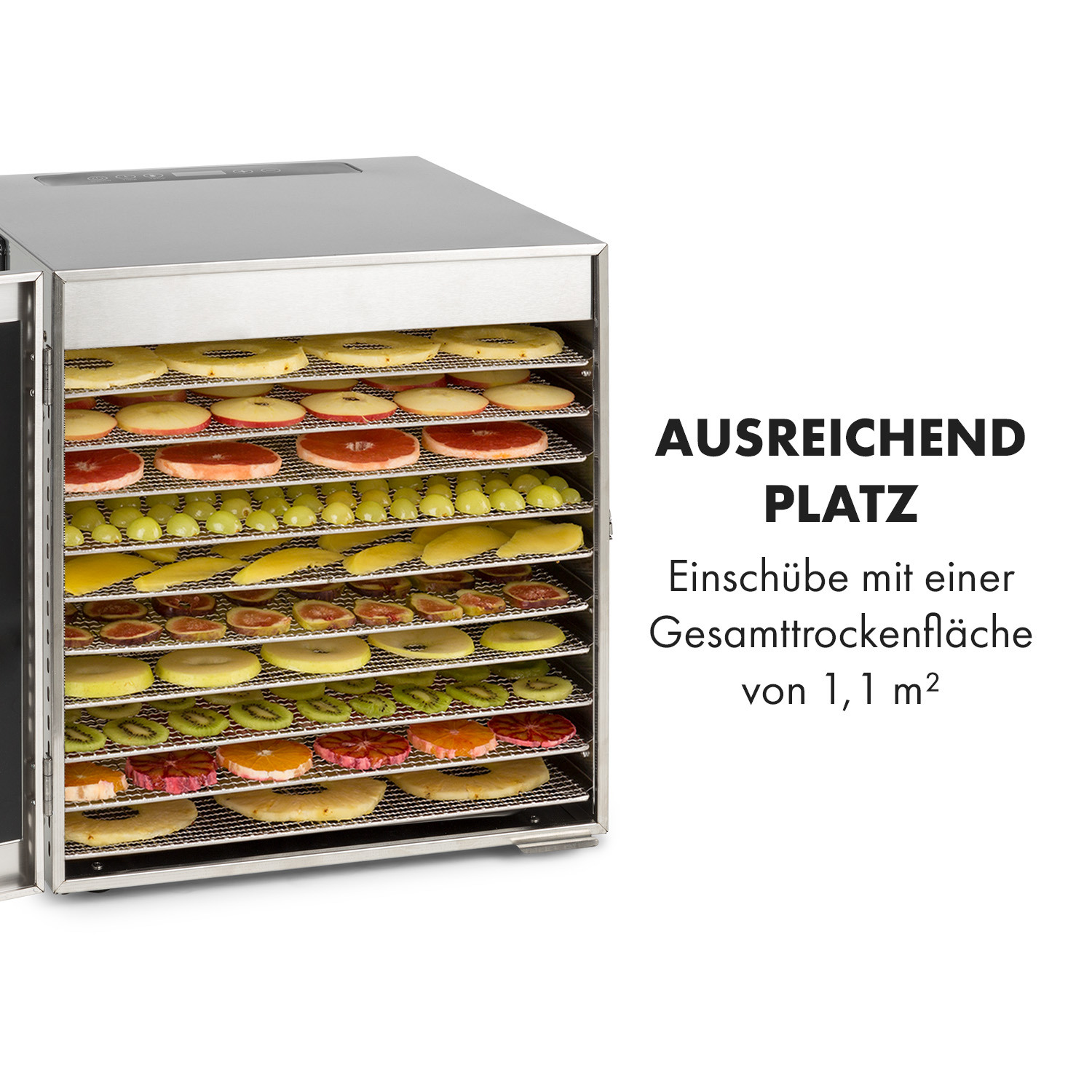 Ein Dörrautomat mit getrockneten Früchten, Text: 'Ausreichend Platz'.