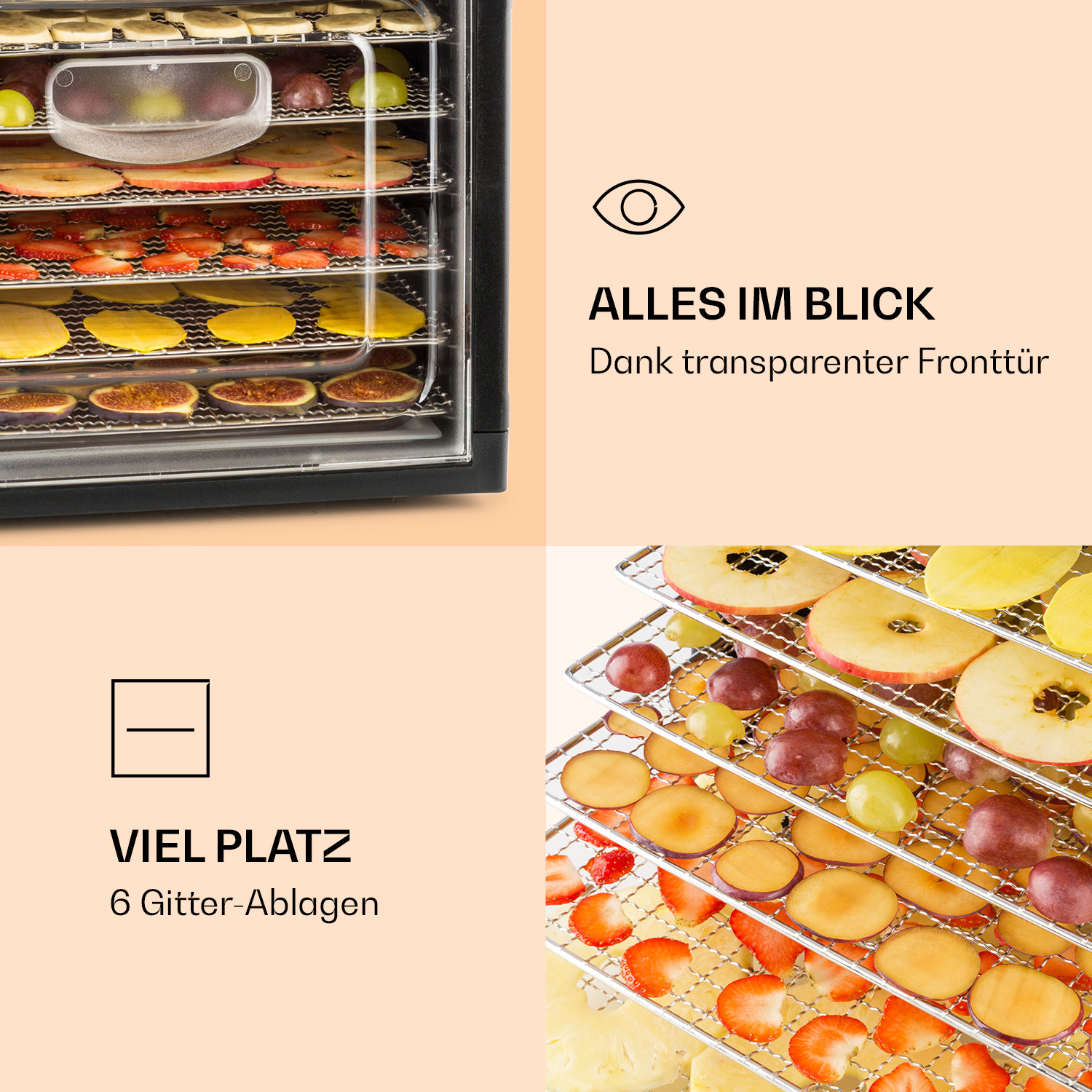 Ein Dörrgerät mit Tabletts voller Obst und Gemüse. Die Vordertür ist transparent.