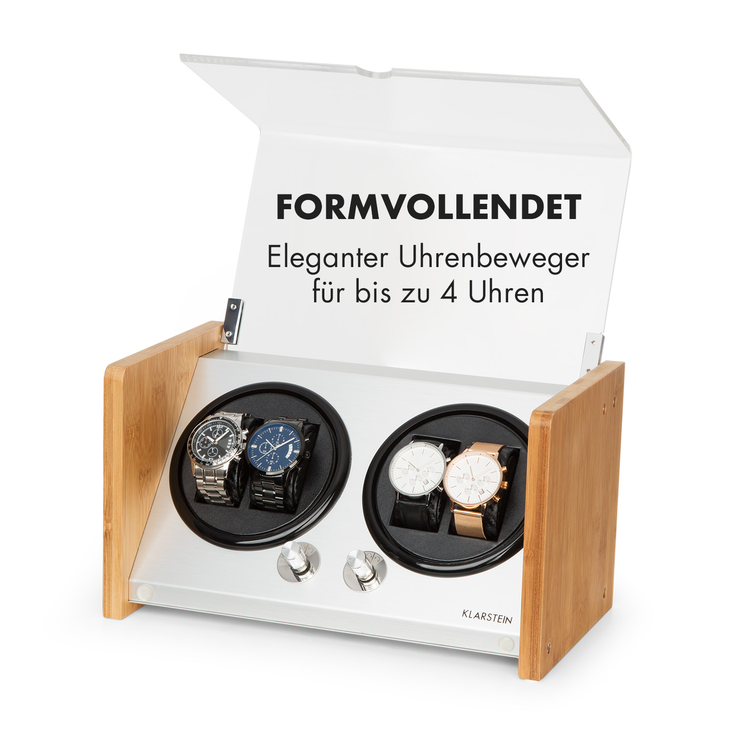 Uhrenbeweger aus Holz mit vier Uhren, Text-Overlay und klarer Abdeckung.