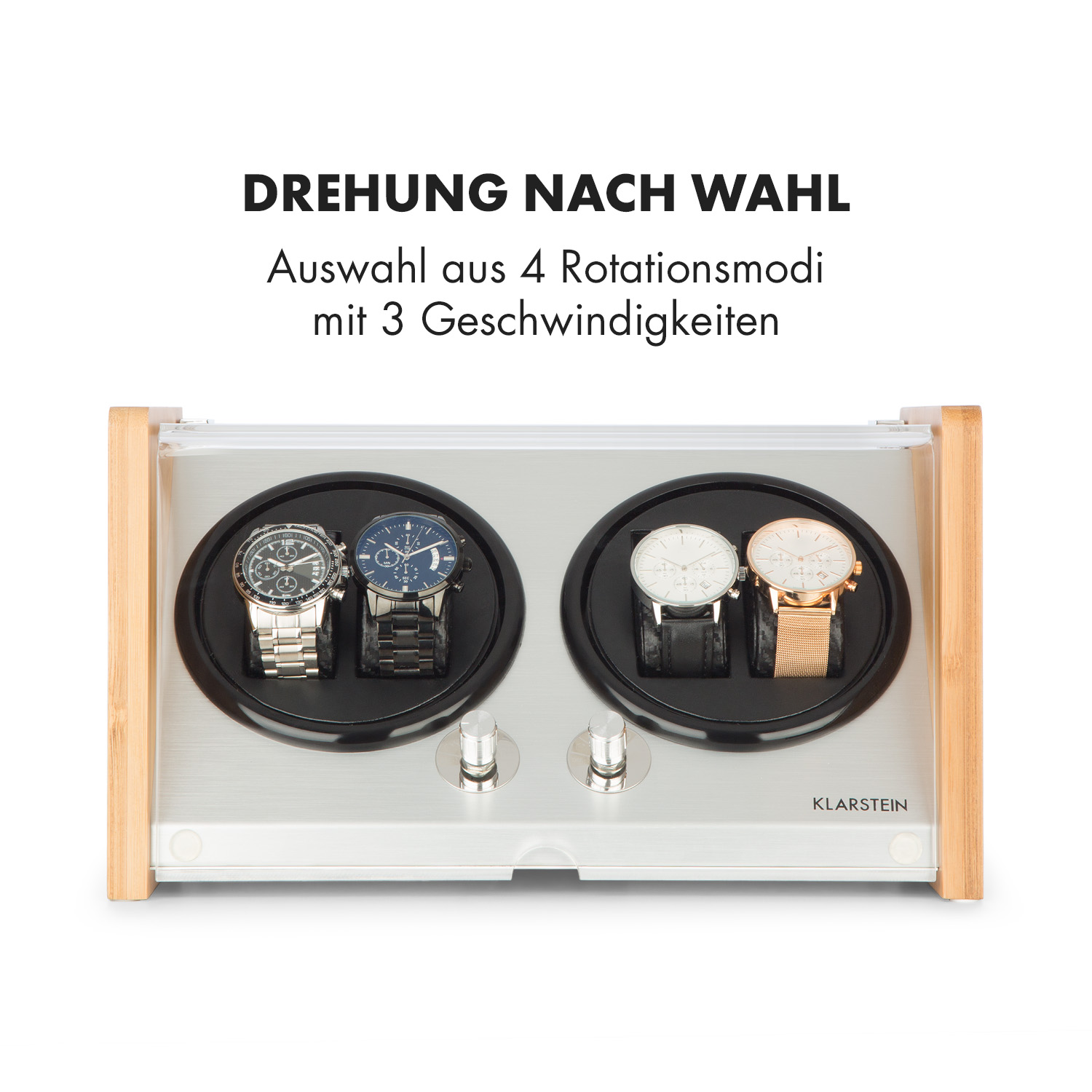 Uhrenbeweger mit vier Uhren. Zwei silberne und zwei schwarze Uhrenhalter.