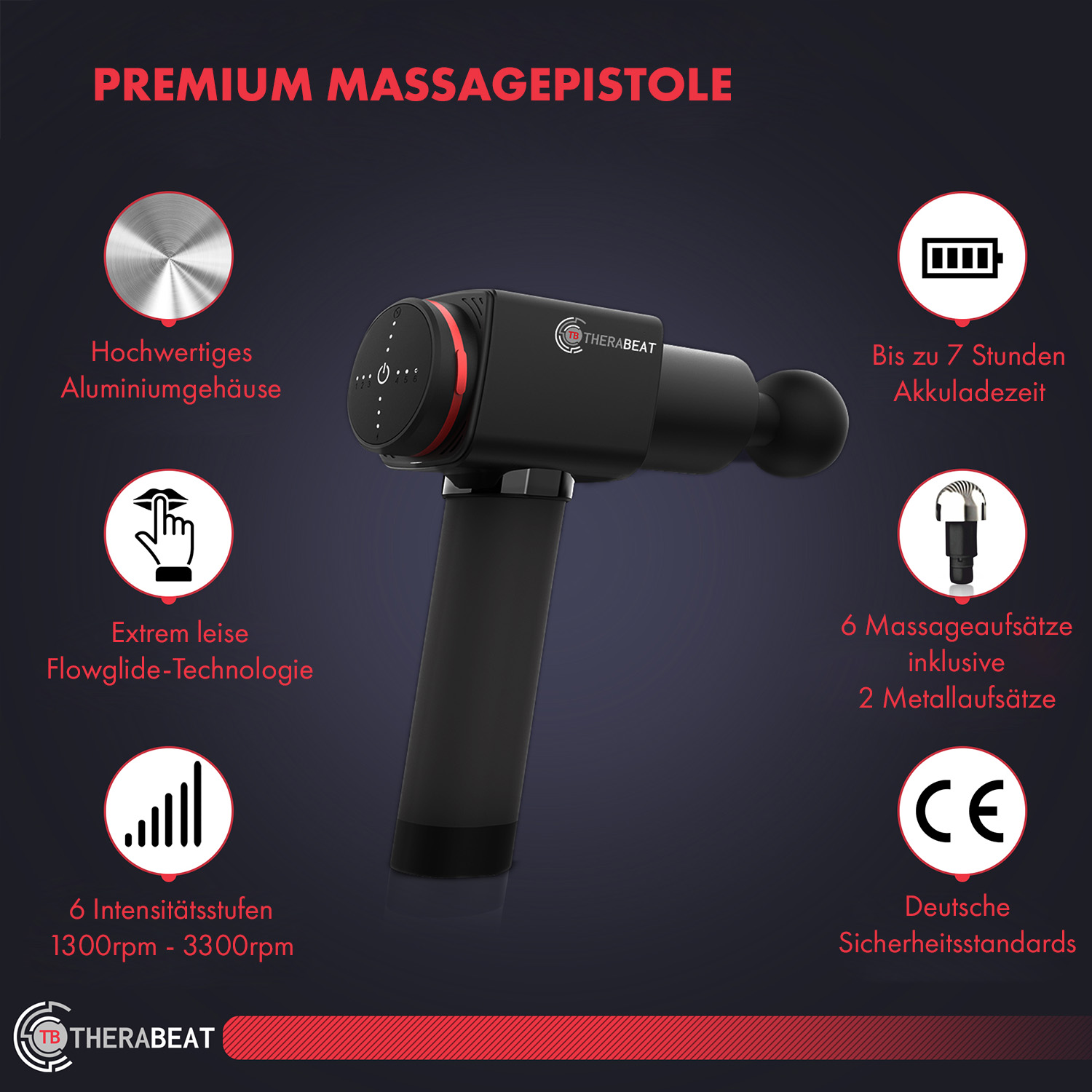 Eine schwarze Massagepistole mit Aufsätzen. Merkmale sind Aluminiumgehäuse und 6 Massageköpfe.