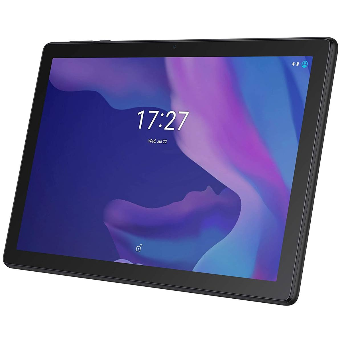 Un tablet nero che mostra l'ora e la data. Ha una fotocamera frontale e una cornice nera.
