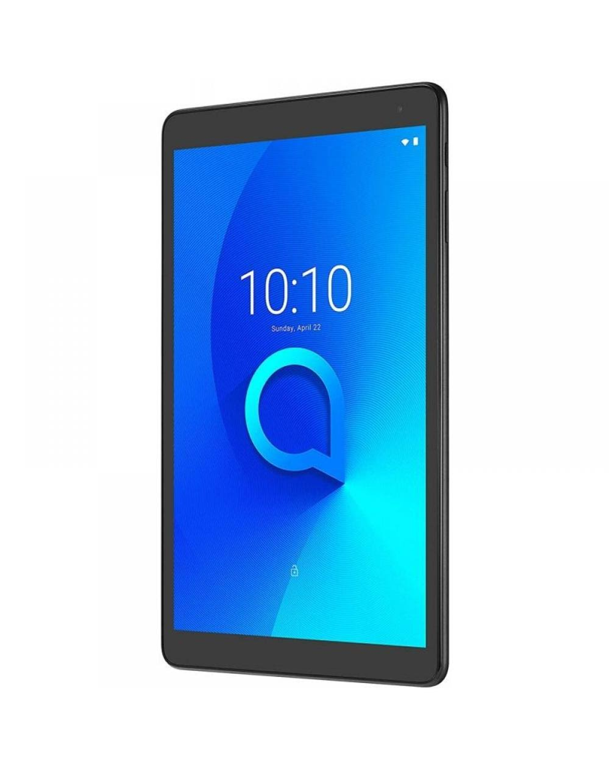 Tablet Alcatel nero su sfondo bianco. Lo schermo mostra l'ora e il logo Alcatel.
