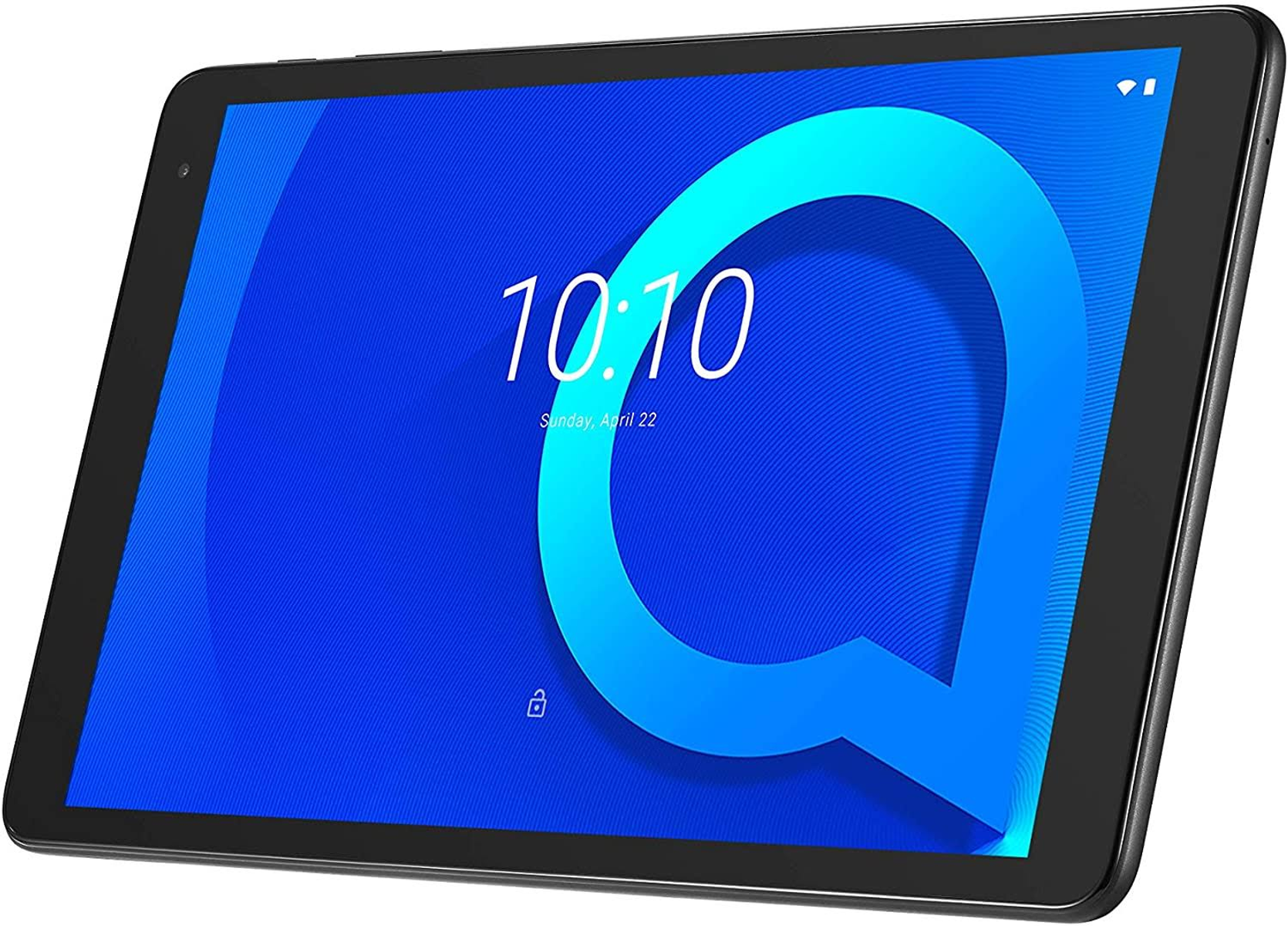 Tablet nero che mostra ora e data su sfondo blu, leggermente angolato.