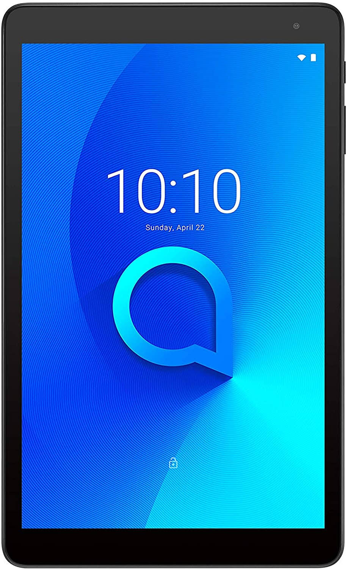 Tablet nero con schermo blu e bianco che mostra 10:10, su sfondo bianco.