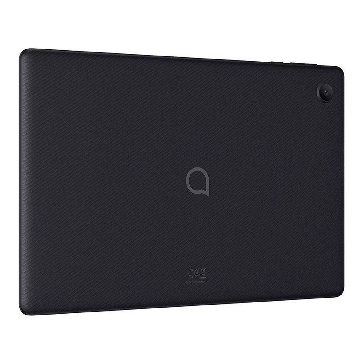 Tablet nero, vista posteriore. Presenta una fotocamera, il logo Alcatel e una superficie strutturata.