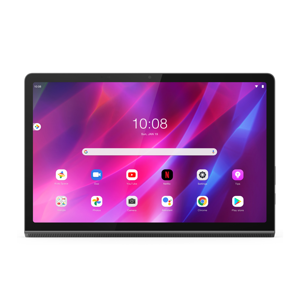 Ein schwarzes Tablet zeigt eine Benutzeroberfläche mit App-Symbolen. Der Bildschirm zeigt die Uhrzeit und hat einen violetten und roten Hintergrund.