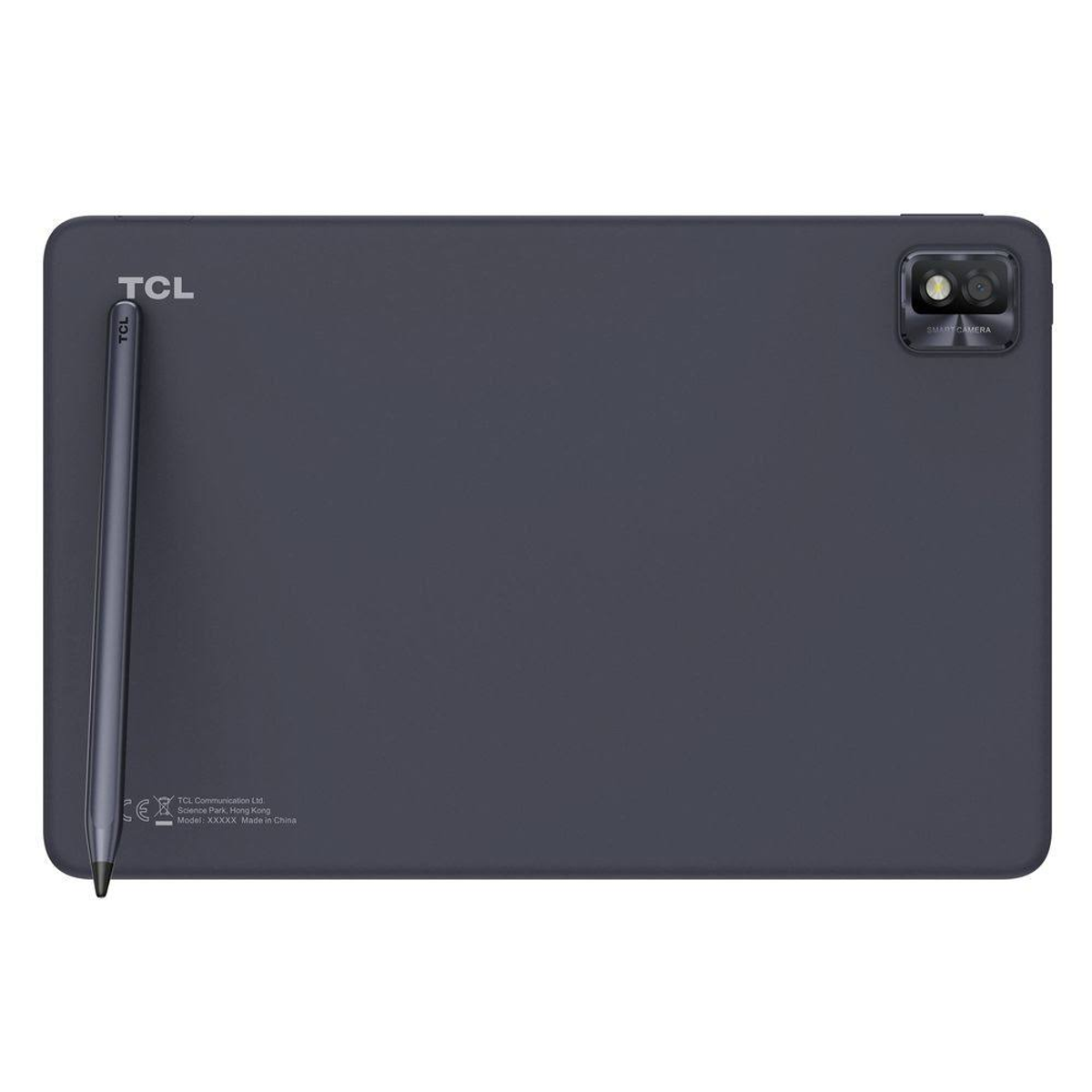 Un tablet in grigio scuro. Ha uno stilo e una fotocamera.