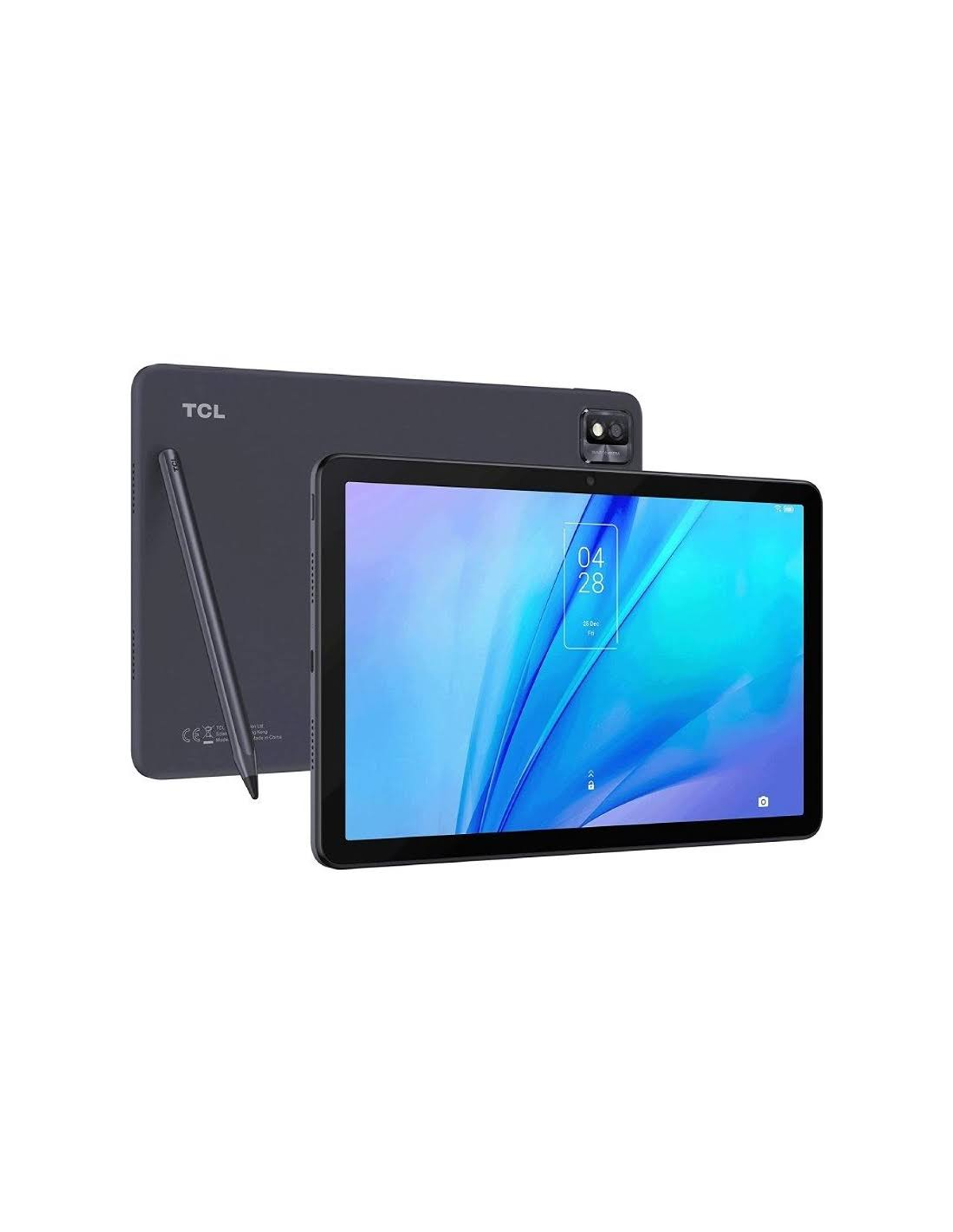 Tablet TCL con penna. Il tablet è grigio scuro. Lo schermo mostra una data.