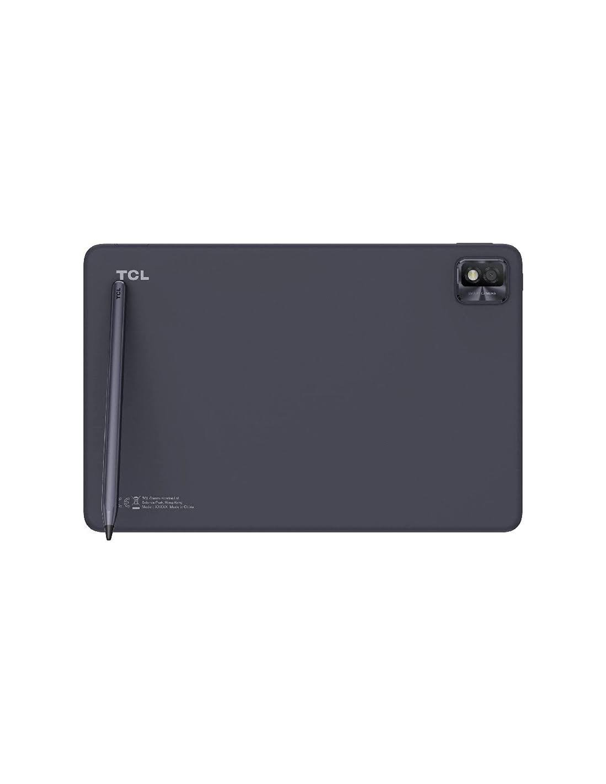 Tablet grigio scuro con stilo. Fotocamera e logo TCL visibili. Sfondo bianco.