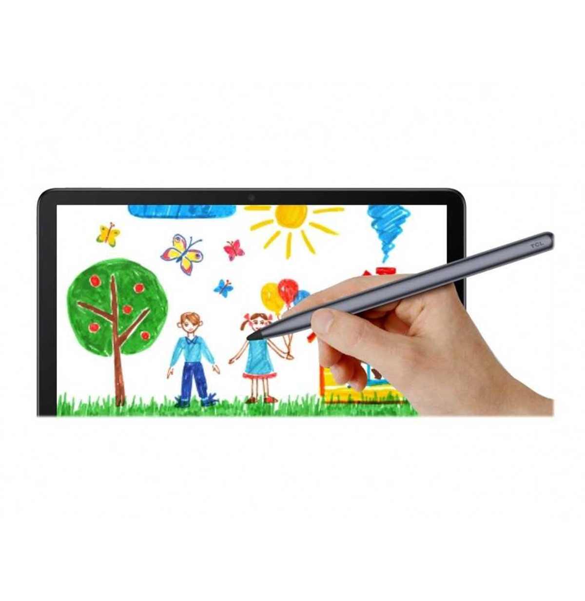 Una persona che disegna sullo schermo di un tablet con uno stilo, raffigurante un disegno per bambini.