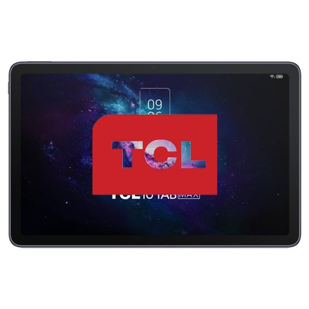 Tableta con el logotipo rojo de TCL en la pantalla, mostrando una imagen de galaxia.