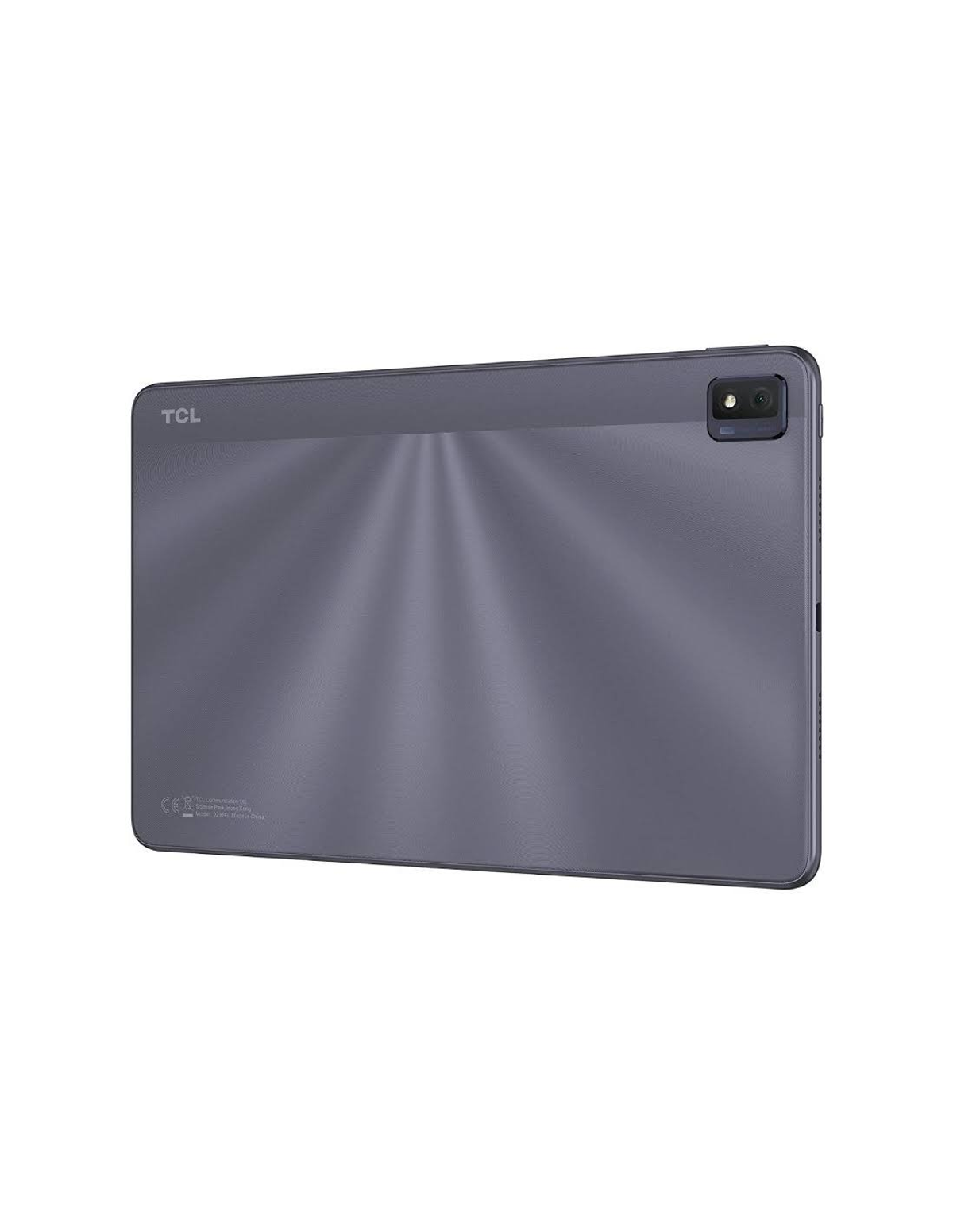 Vista trasera de la tableta. Cuerpo gris con cámara y logo TCL. Diseño minimalista con cámara y marca.