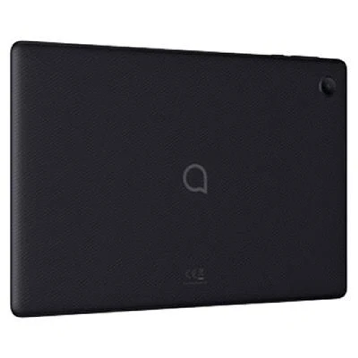 Czarny tablet z logo Alcatel z tyłu, lekko pochylony.