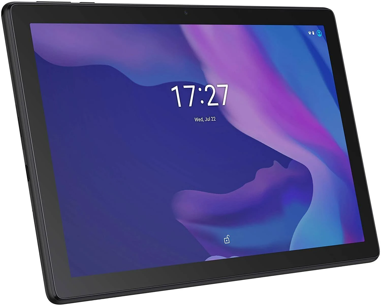 Czarny tablet wyświetlający godzinę i datę. Ekran z kolorowym tłem abstrakcyjnym.