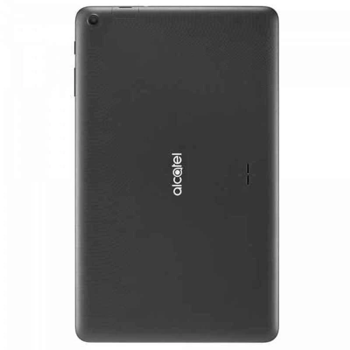 Czarny tablet Alcatel, widok z tyłu. Logo widoczne w dolnej części urządzenia.