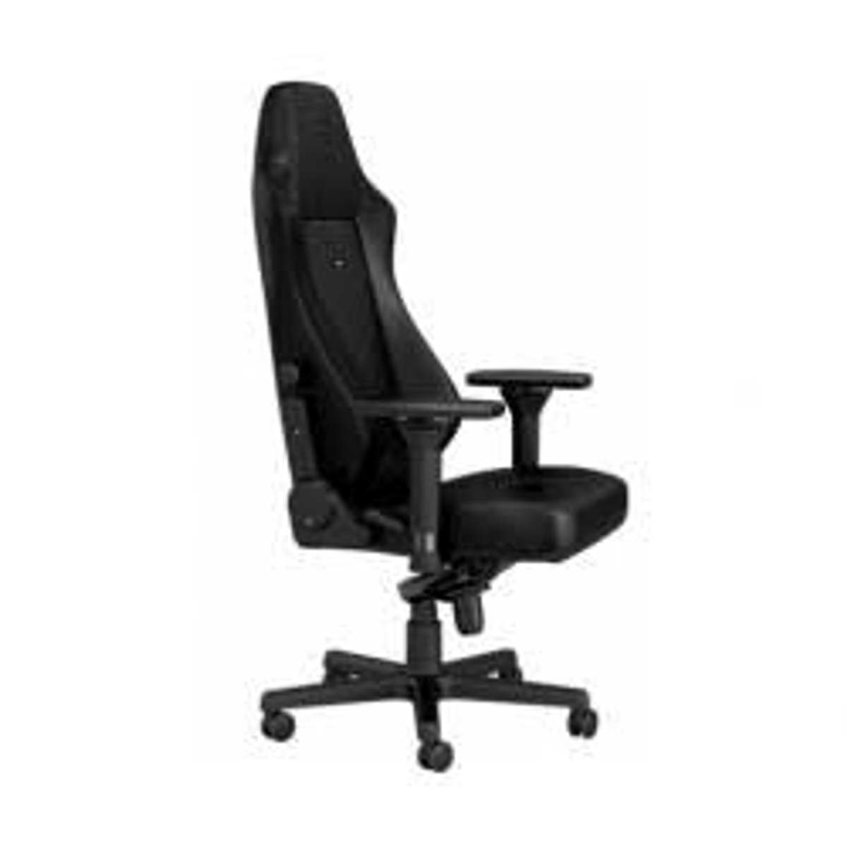 Ein schwarzer ergonomischer Gaming-Stuhl mit hohem Rücken, Armlehnen und einem Fünf-Sterne-Fuß.