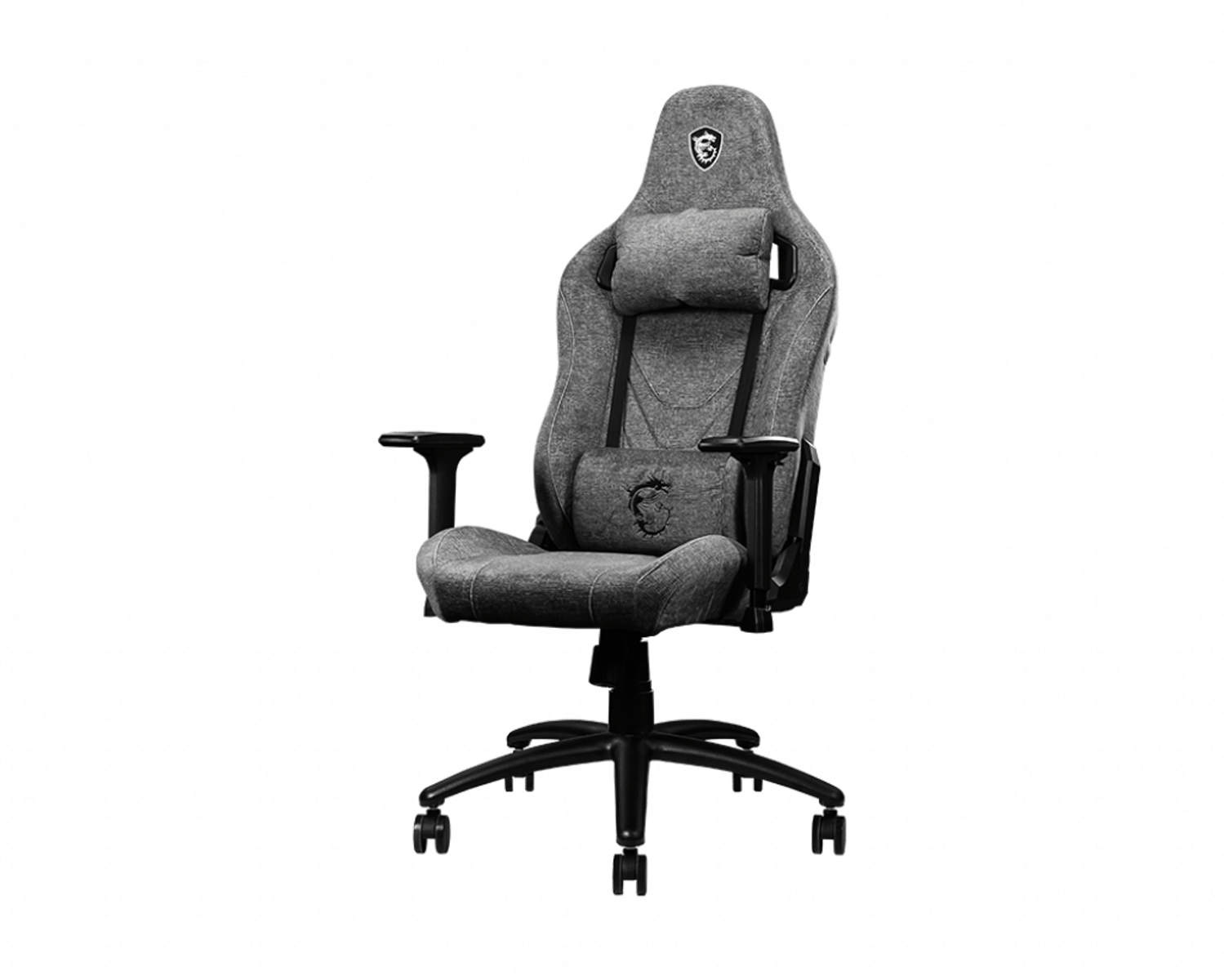 Silla gaming MSI gris y negra. Reposacabezas y soporte lumbar visibles.
