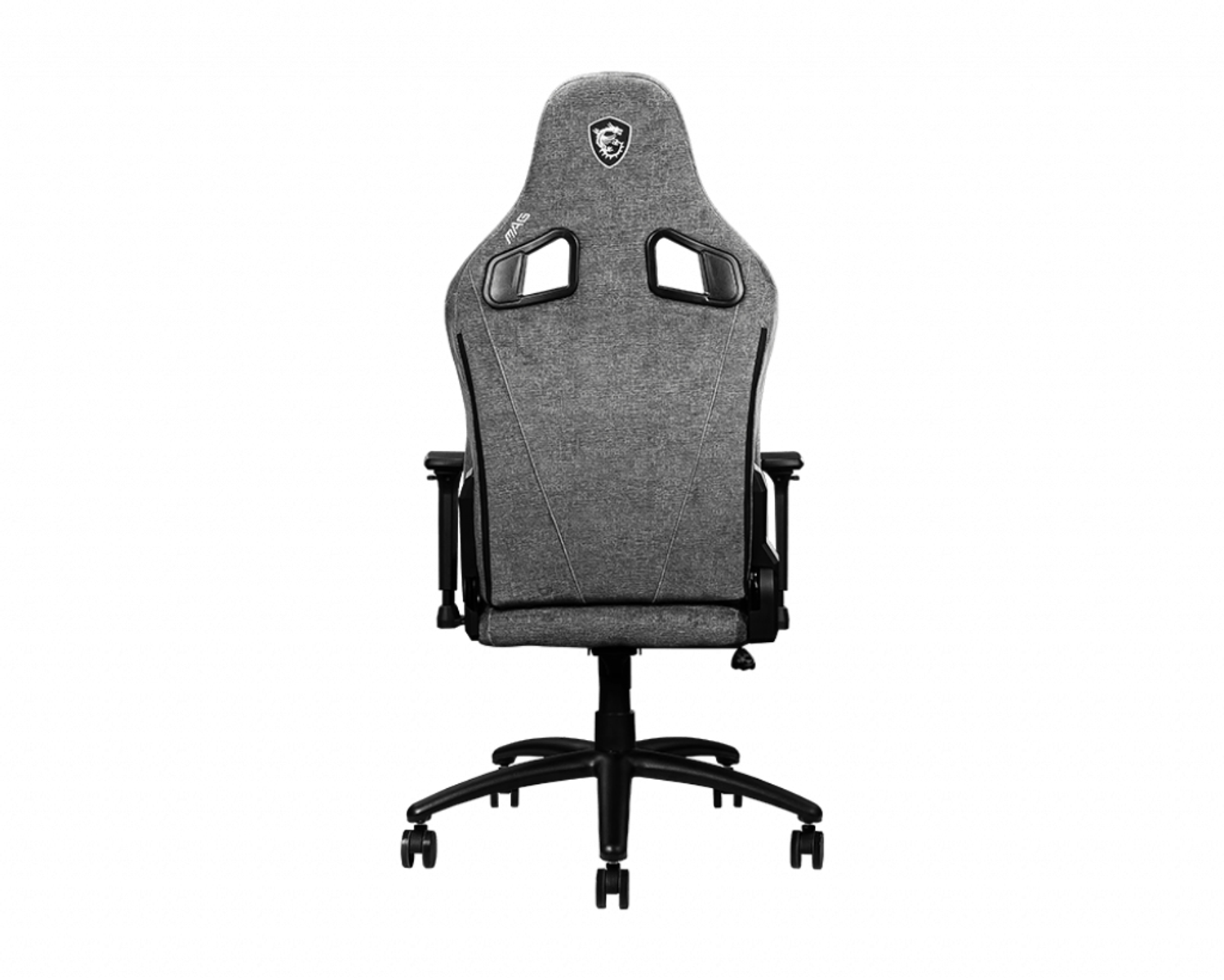 Una silla de juego gris desde atrás, mostrando el respaldo y las ruedas.