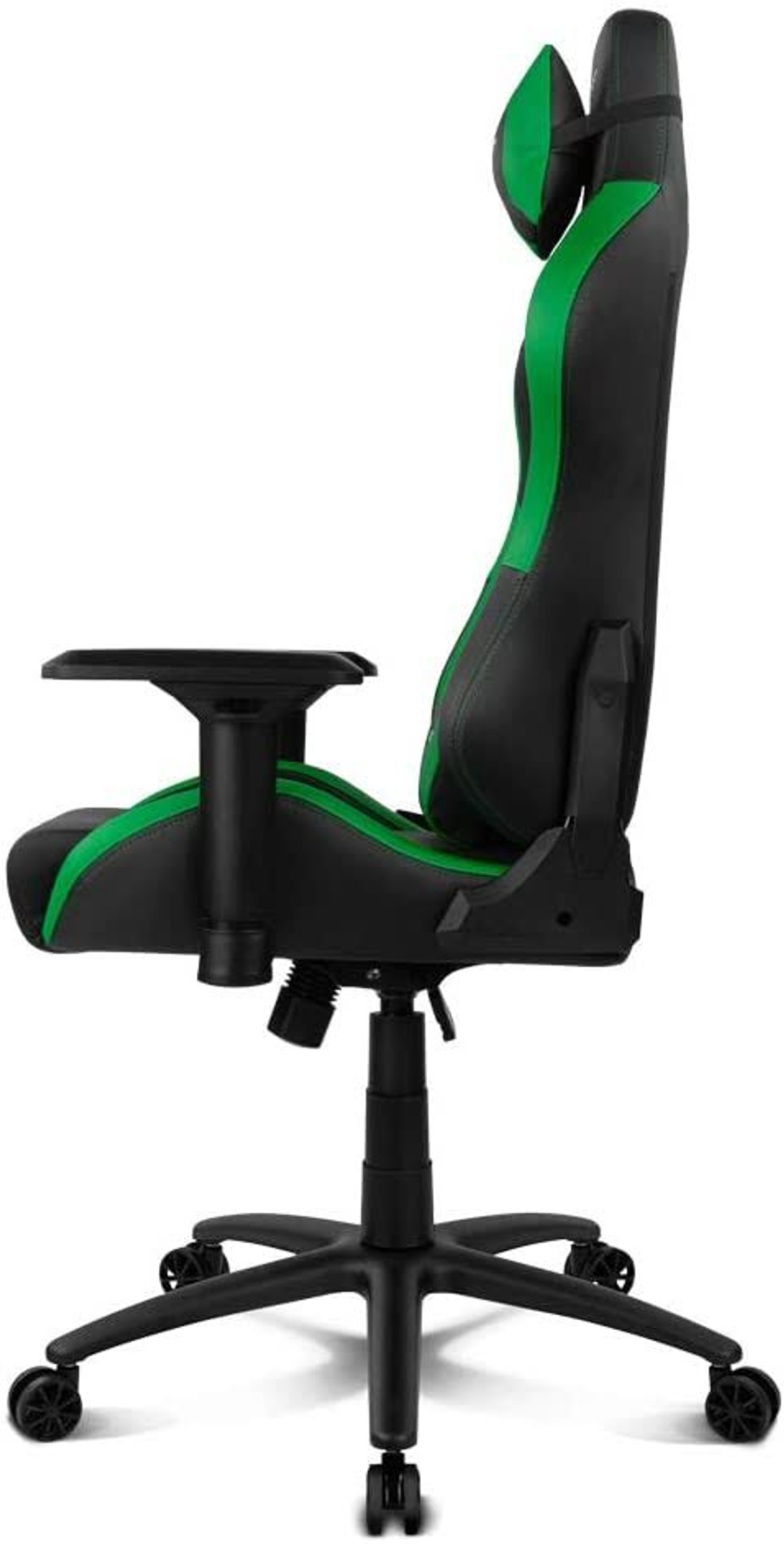 Krzesło gamingowe, czarno-zielony design, widok z boku, pokazujący ergonomiczne cechy krzesła.