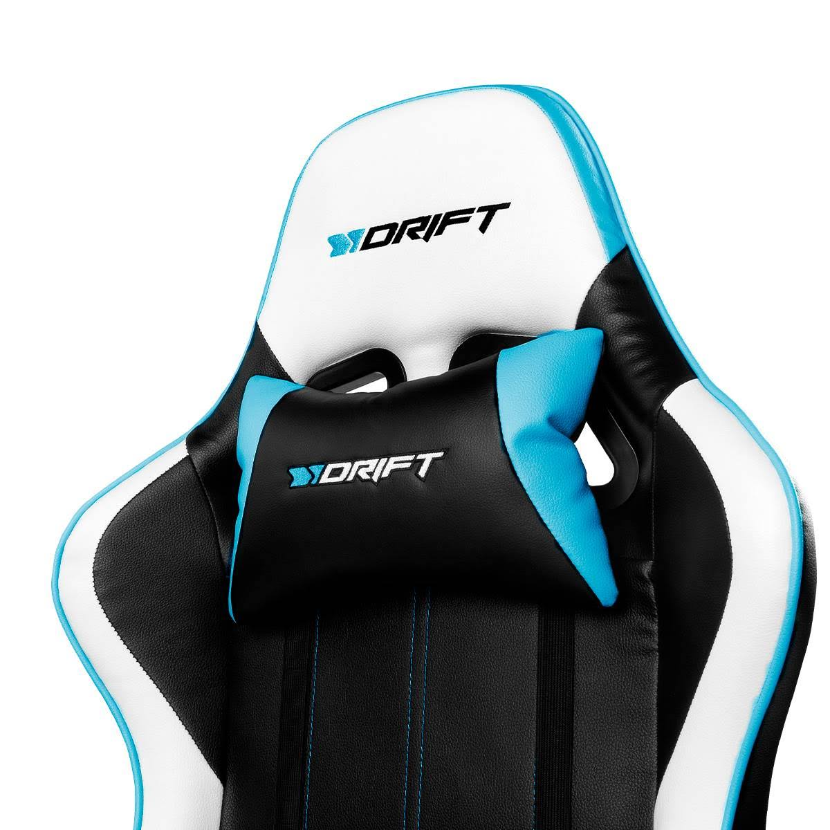 Sedia da gaming con design bianco e nero, dettagli blu e la parola 'DRIFT'.