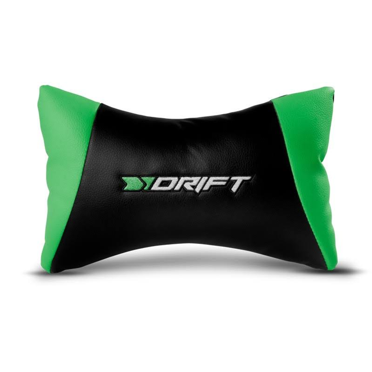 Un cuscino per il collo nero e verde con la parola 'DRIFT' in bianco. Ha la forma di un piccolo cuscino.