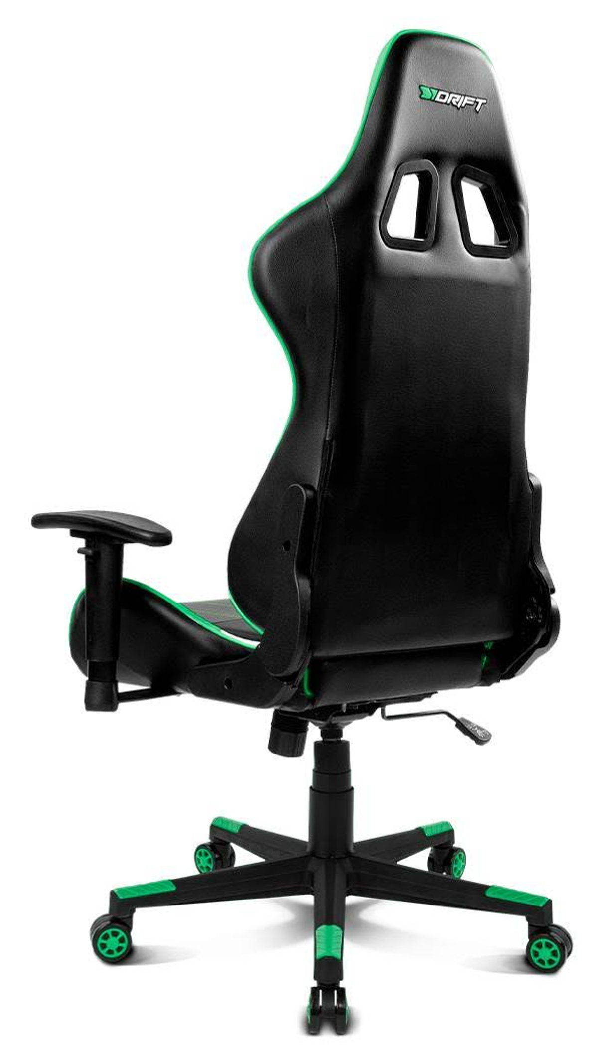 Sedia da gaming nera e verde, vista posteriore e laterale. La sedia ha un logo.