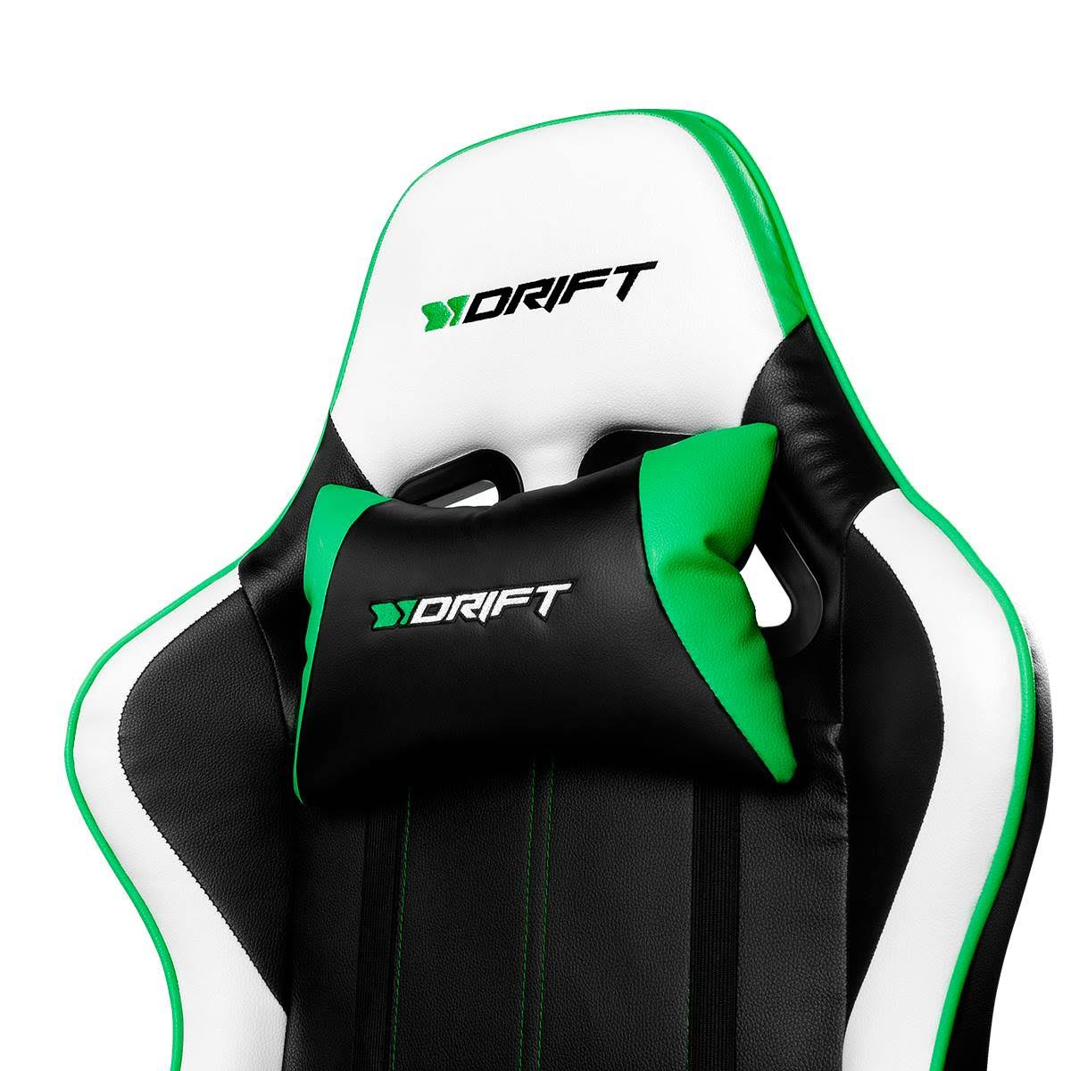 Poggiatesta sedia gaming con logo DRIFT. Nero, bianco e verde.