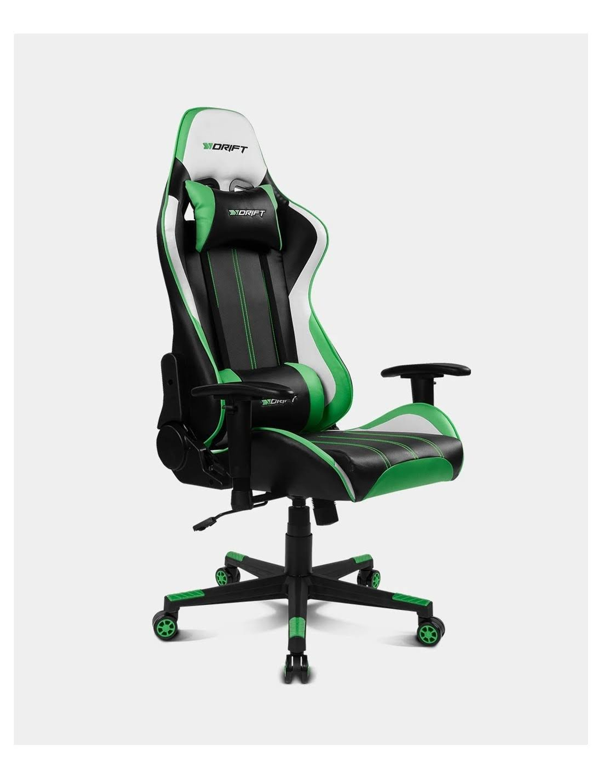 Sedia da gaming verde e nera, sfondo bianco. Logo Drift sul poggiatesta e sullo schienale.