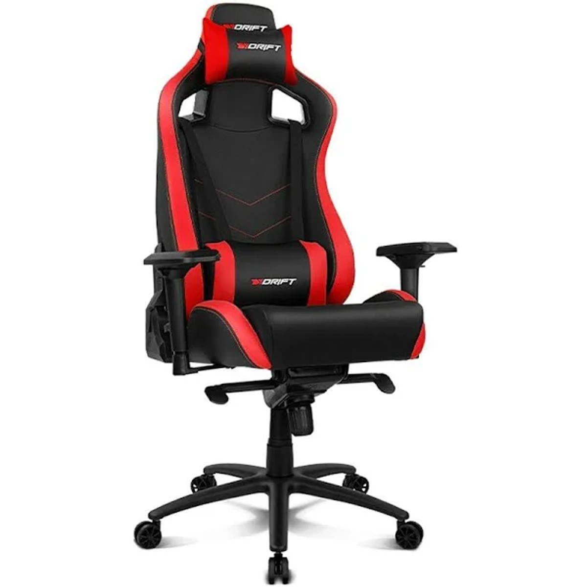 Schwarz-roter DRIFT Gaming-Stuhl, Vorderansicht. Mit Markenlogo auf der Kopfstütze.