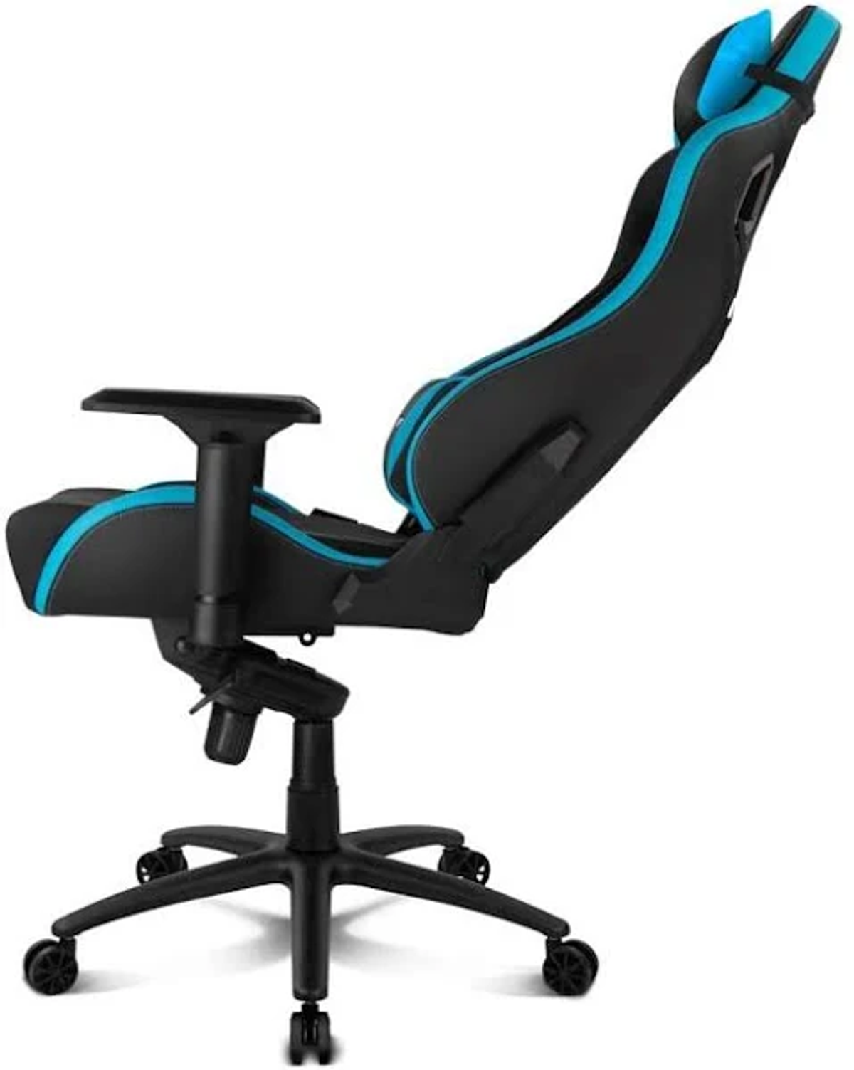 Gaming-Stuhl, schwarz mit blauem Kopfstütze und Akzenten.