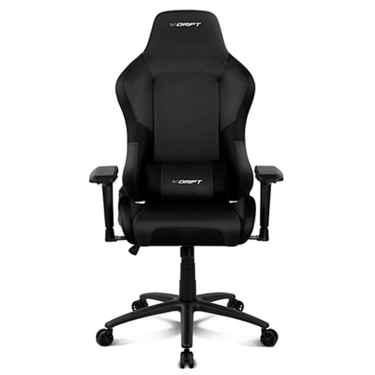 Schwarzer Gaming-Stuhl. Der Stuhl hat eine Kopfstütze und Armlehnen. 'DRIFT'-Logo darauf.
