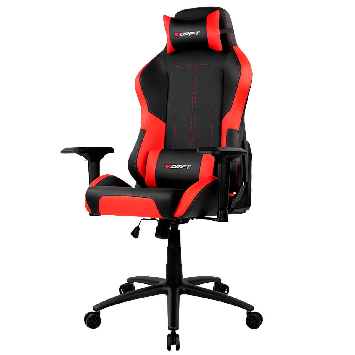 Schwarzer und roter Gaming-Stuhl. Der Stuhl hat eine hohe Rückenlehne, Armlehnen und ein 5-Sterne-Gestell.