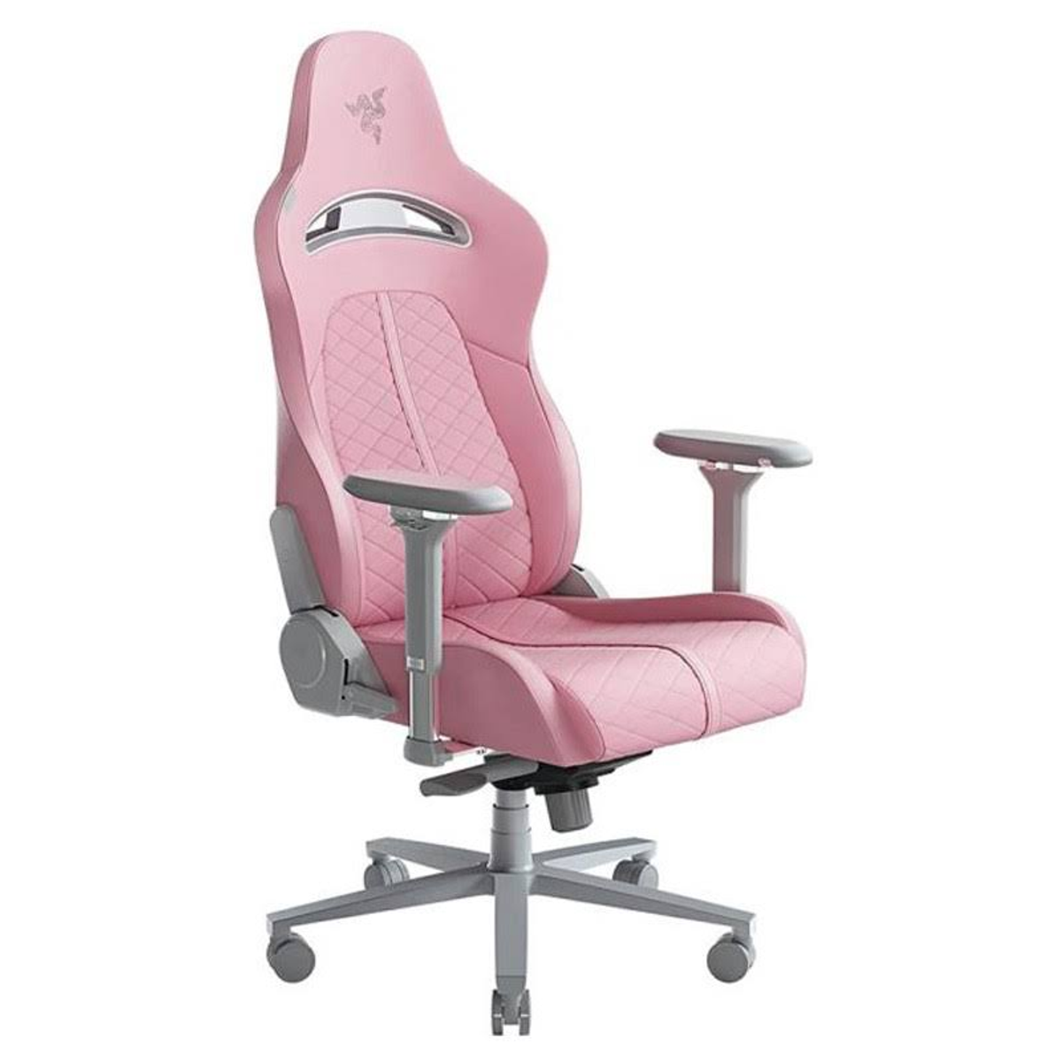 Pinkfarbener Gaming-Stuhl mit weißem Hintergrund. Der Stuhl hat eine hohe Rückenlehne und Rollen.