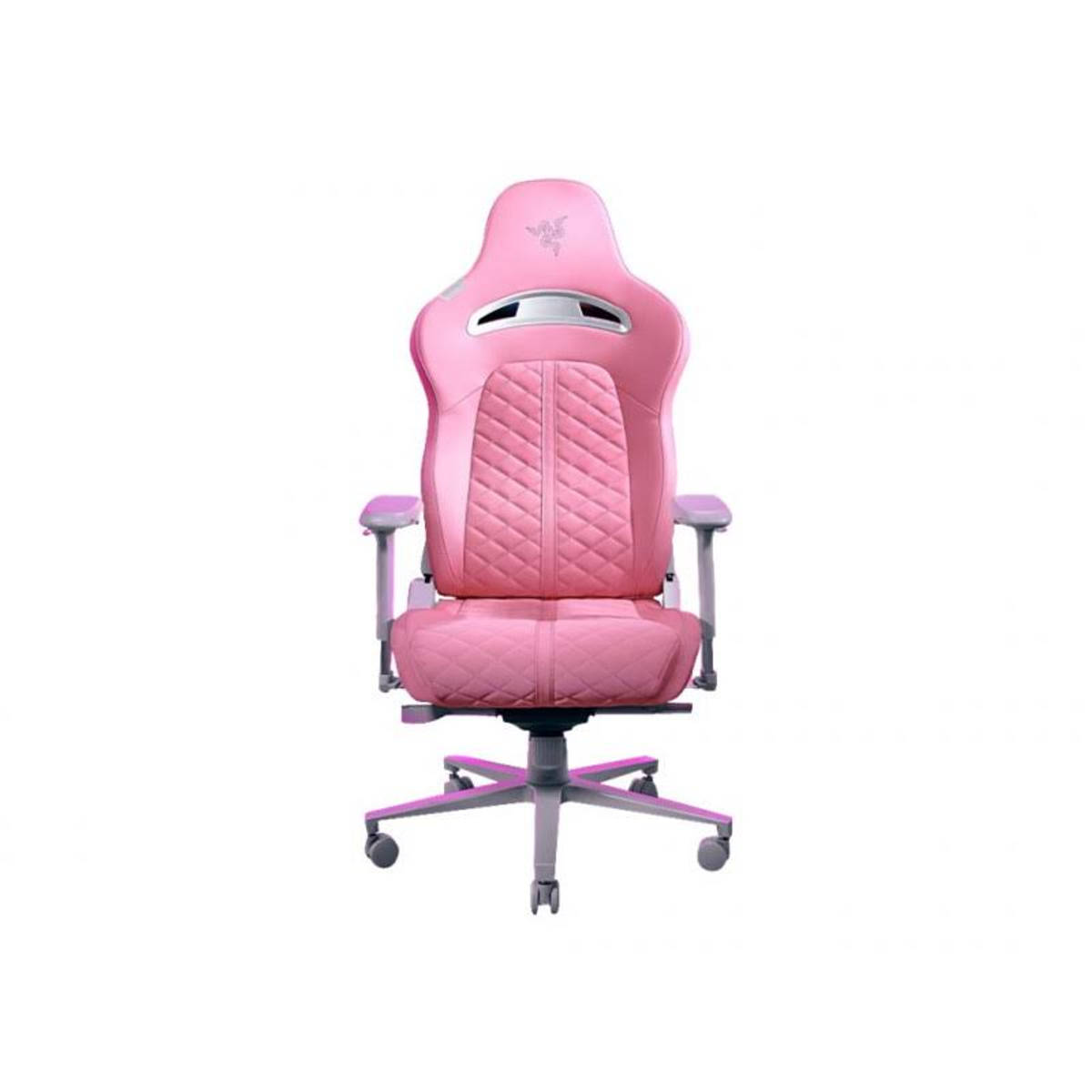 Pinkfarbener Gaming-Stuhl mit weißem Hintergrund.