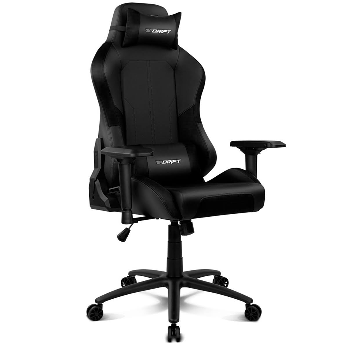 Silla gaming negra con logo Drift y reposacabezas. Base y ruedas negras. Fondo blanco.