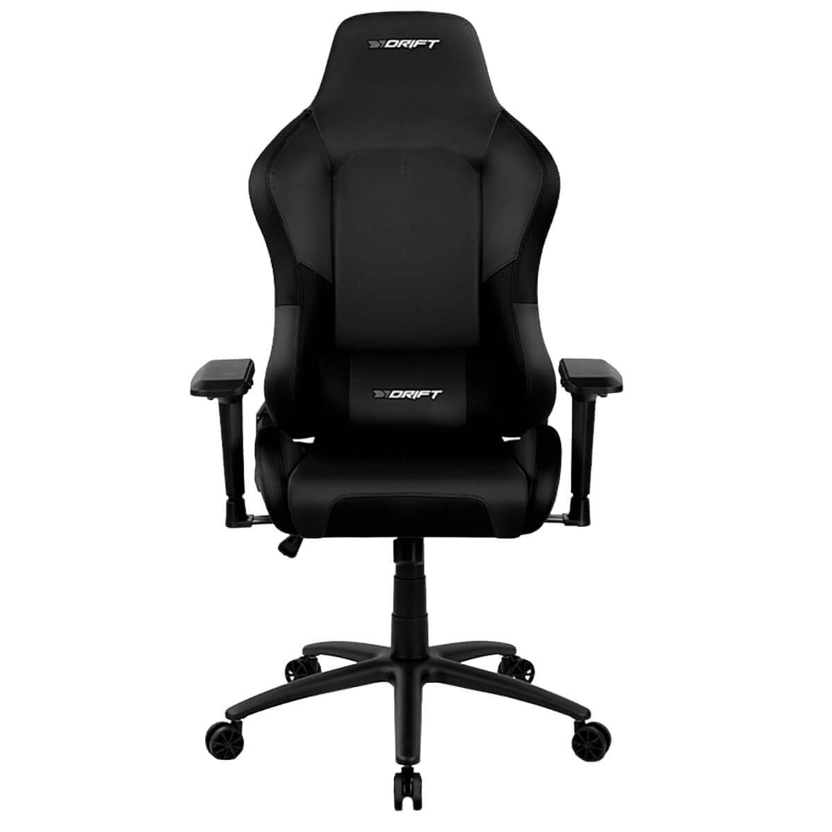 Silla gamer negra con logo Drift, reposabrazos y ruedas, sobre fondo blanco.