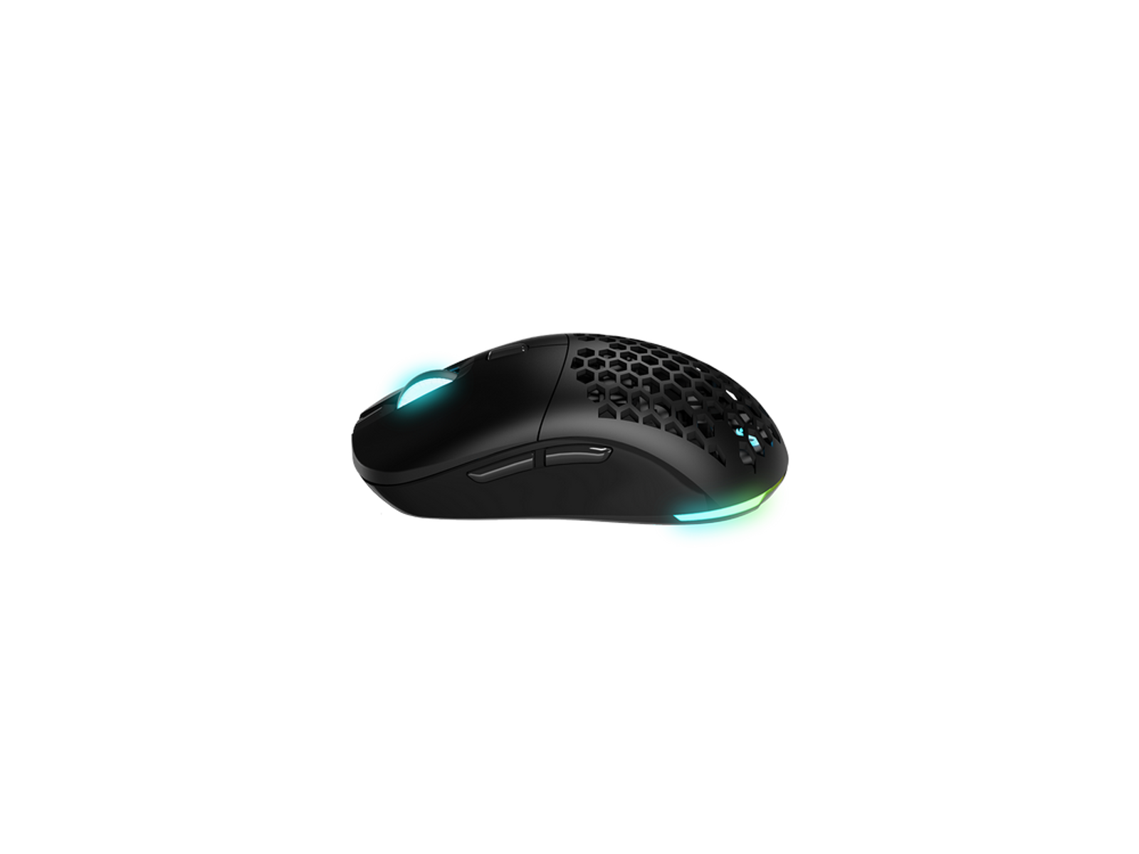 Mouse da gaming nero con illuminazione RGB in basso e sui lati.