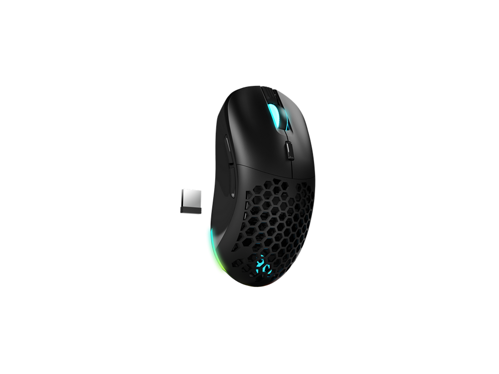 Mouse da gaming nero con design a nido d'ape e luci RGB, con ricevitore USB.