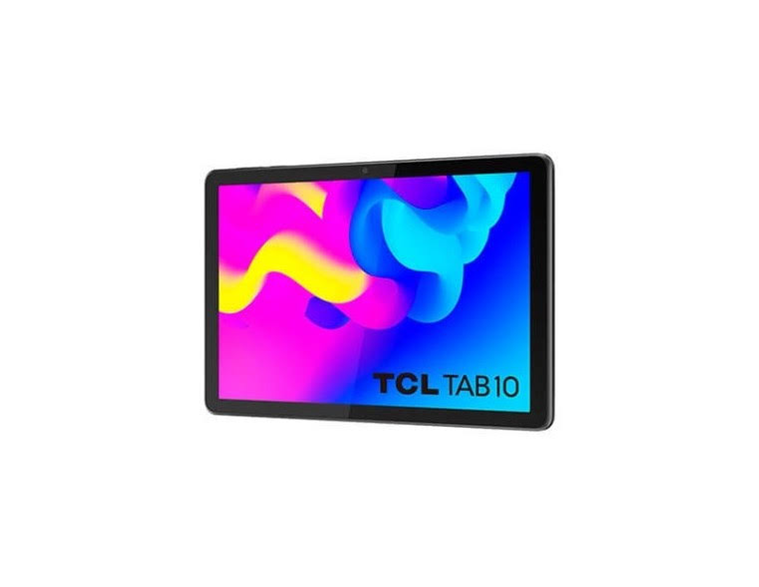 Tableta negra con imagen abstracta colorida en la pantalla y texto "TCL TAB10".