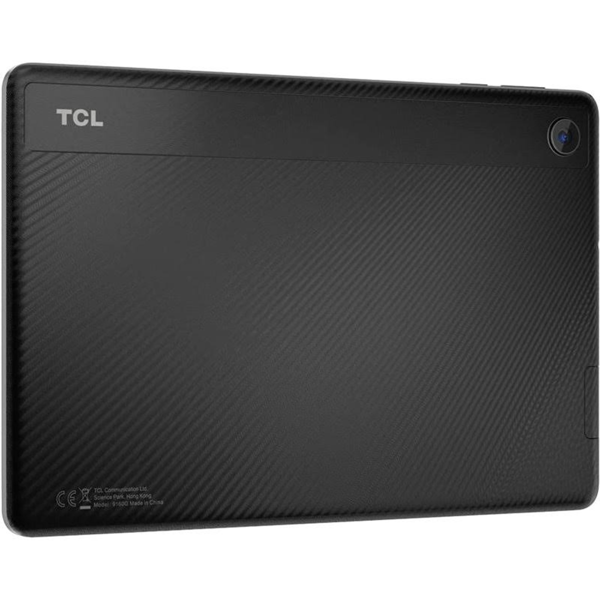 Una tableta Samsung negra con un lápiz y un cargador sobre un fondo blanco.
