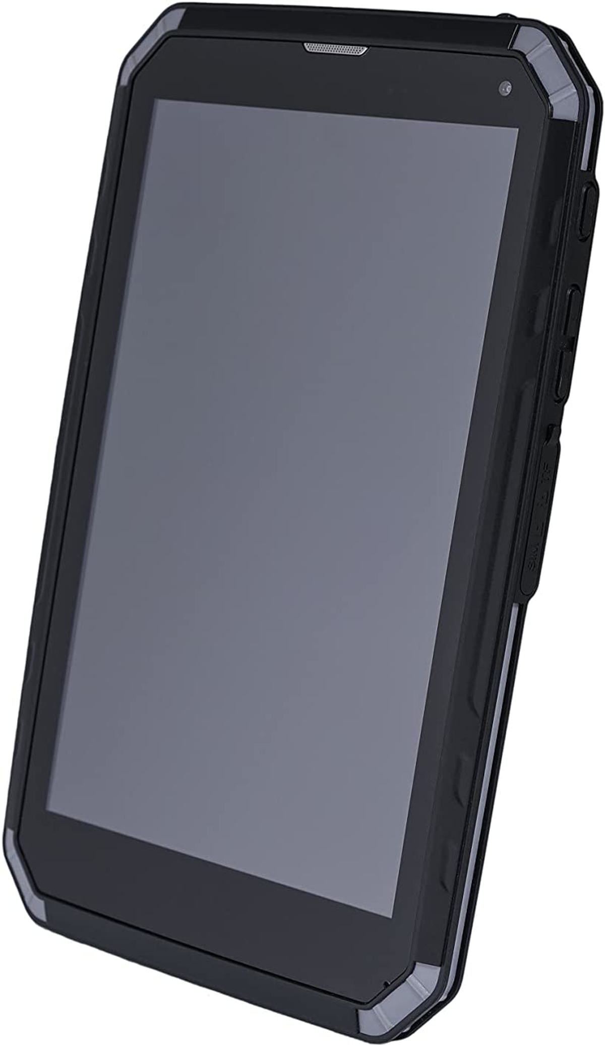 Schwarzes Tablet mit schwarzem Rahmen. Das Tablet hat einen Bildschirm und Knöpfe an der Seite.