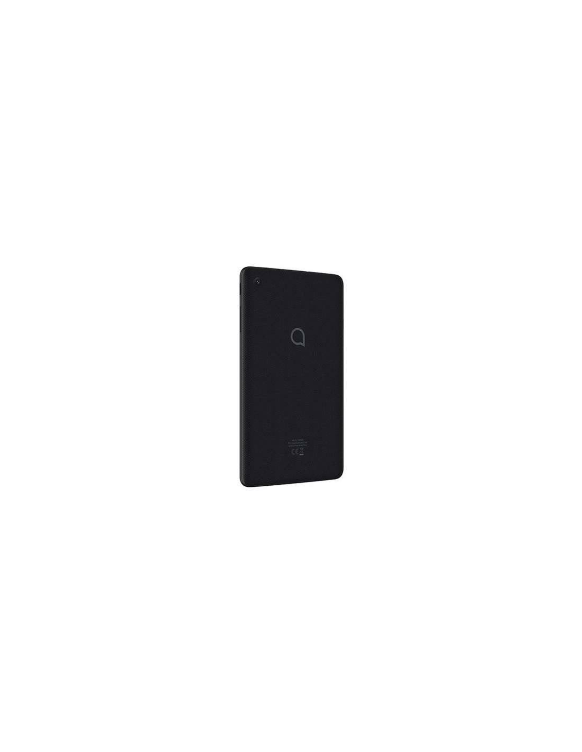 Schwarzes Tablet auf weißem Hintergrund. Rückseite des Tablets mit Logo.