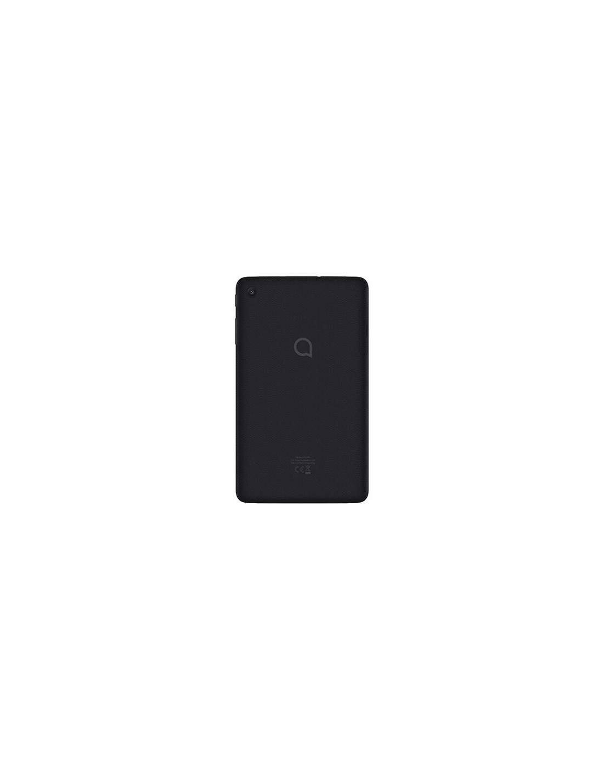 Schwarzes Tablet mit der Rückseite, mit Kamera und Alcatel-Logo, auf Weiß.